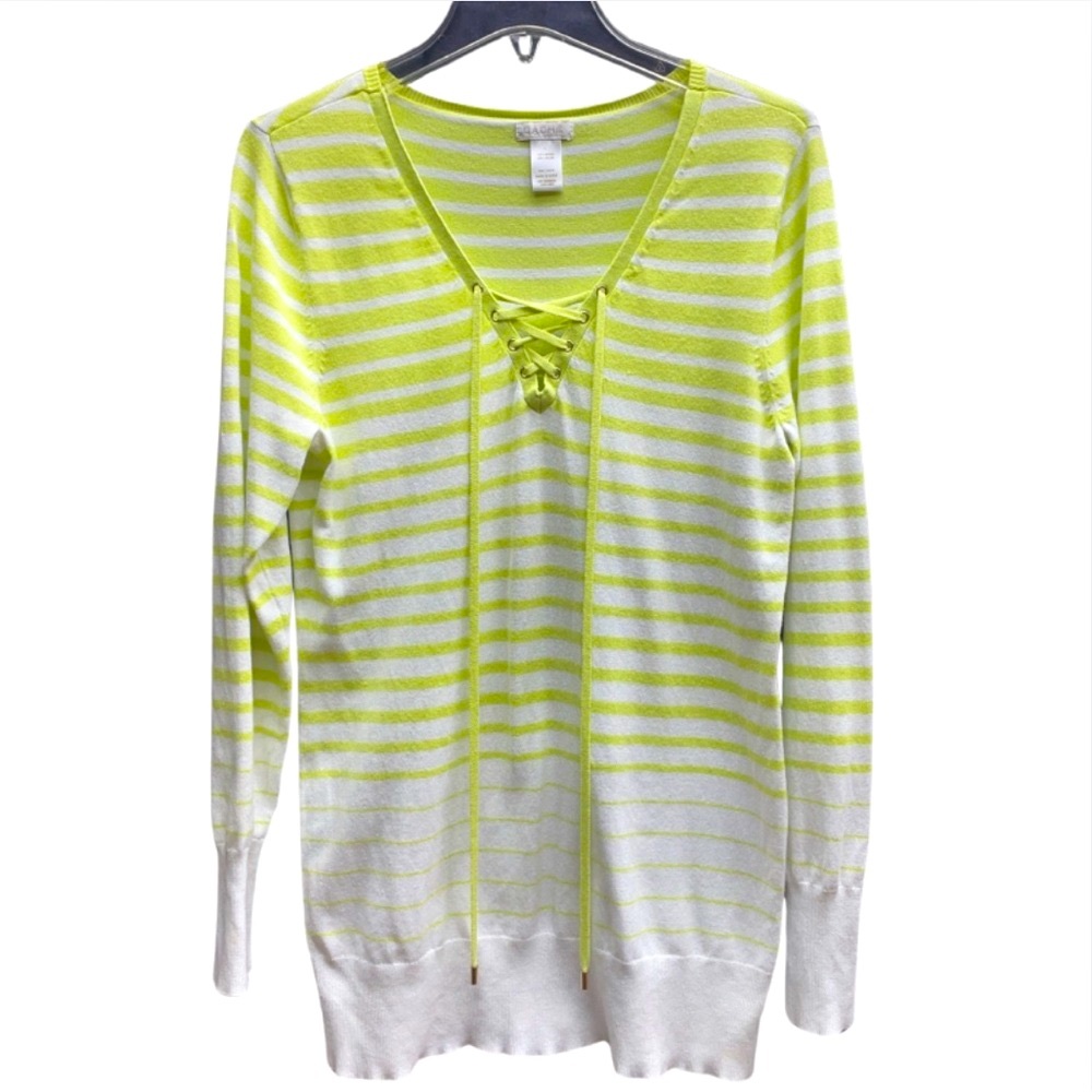 Cache Green White Stripe Lace Up V-Neck Sweater Sz L